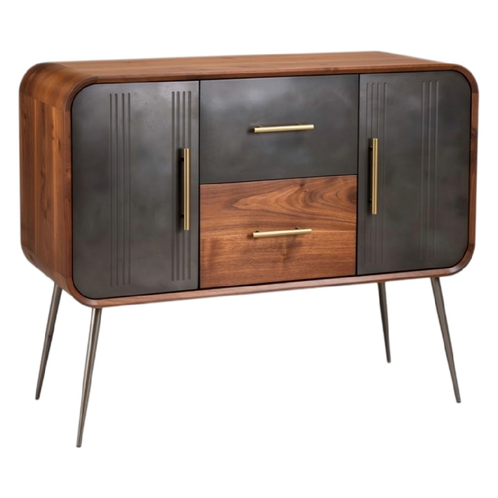 **Technische titel in het Nederlands: Moderne houten dressoir met metalen accenten en elegante poten**