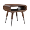 **Moderne houten salontafel met metalen poten en open opbergvak**