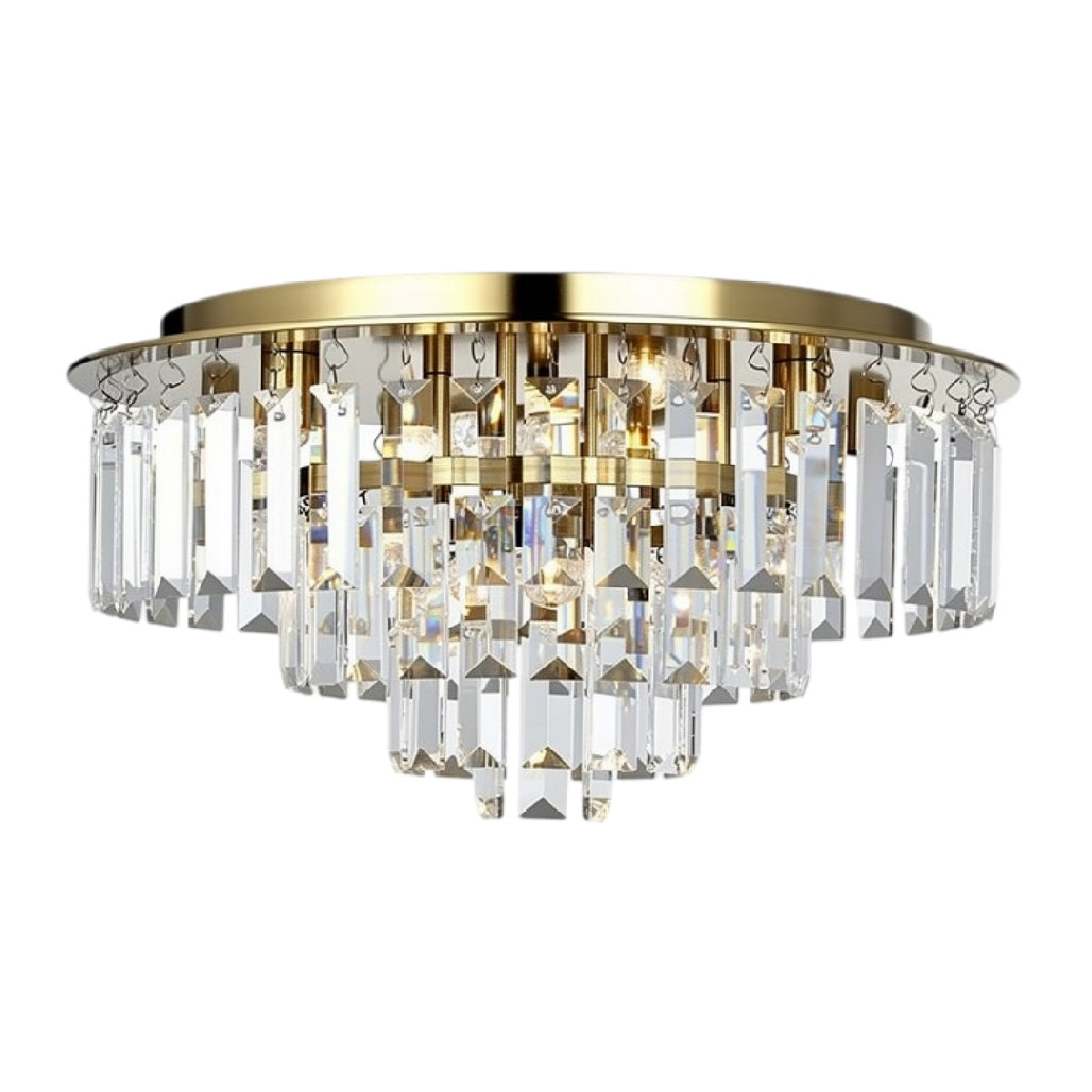 **Verlichte Plafondlamp met Kristallen en Gouden Afwerking**
